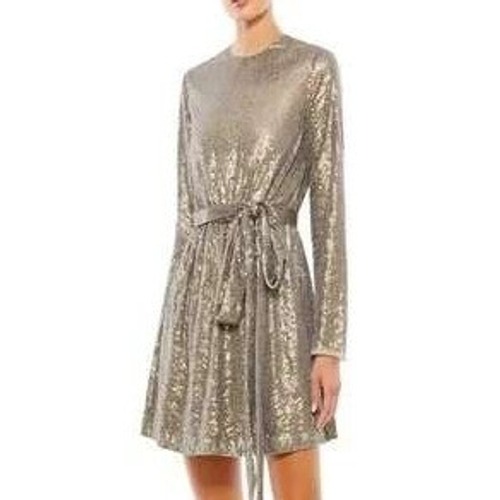 Mac Duggal Size 12 Taupe Sequin Embellish Long Sleeve Mini Cocktail Dress New